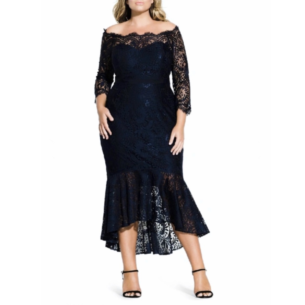 City Chic Navy Lace Off-Shoulder High-Low Dress